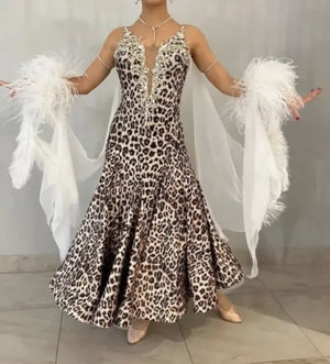 Women's Leopard Print Feathered Rhinestone Ballroom Dance Dress