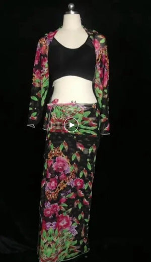 Belly Dance Costume Women's Leopard Print Chiffon Long Sleeve Crop Top and Slit Skirt Set with Fishnet Tights