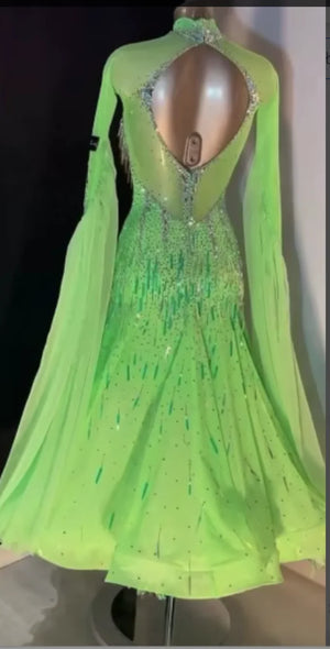 Women's Lime Green Rhinestone & Fringe Ballroom Dance Dress with Sheer Sleeves
