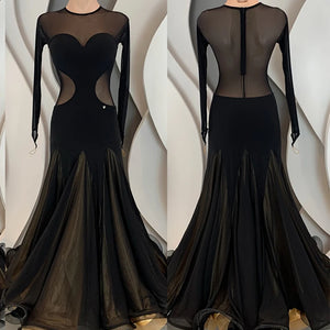 Women's Black & Gold Sheer Mesh Sweetheart Cutout Long Sleeve Ballroom Dance Dress
