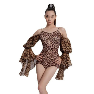 Dance Leotard Women's Leopard Print Off-Shoulder Ruffled Long Sleeve Spandex Latin Dance Bodysuit