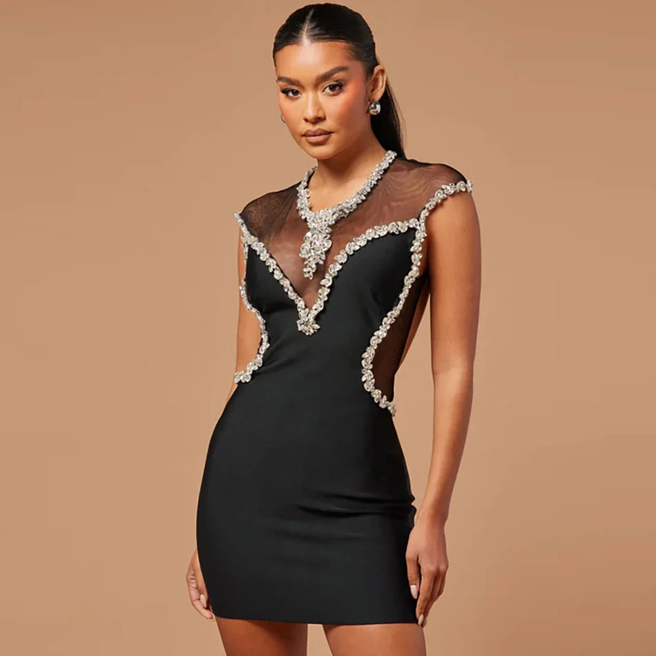 Black Mesh and Diamond Embellished Sleeveless Mini Dress with Round Neck