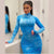 Sky Blue Tie Dye Mock Neck Midi Dress with Zippered Long Sleeves and Ruched Detail