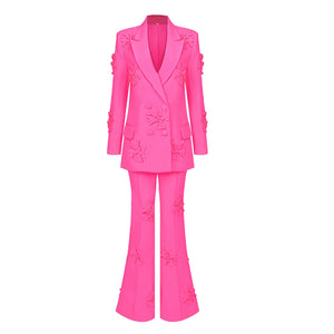 Bright Pink Floral Blazer and Flare Pants Set, Double-Breasted V-Neck Jacket with Split Long Sleeves