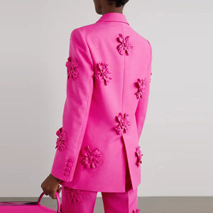 Bright Pink Floral Blazer and Flare Pants Set, Double-Breasted V-Neck Jacket with Split Long Sleeves
