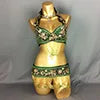 Belly Dance Costume Womens Gold Beaded Halter Bra Top and Hip Scarf with Floral Applique and Fringe for Performance