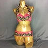 Belly Dance Costume Womens Gold Beaded Halter Bra Top and Hip Scarf with Floral Applique and Fringe for Performance