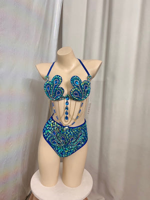 Samba Carnival Handmade Wire Bra And High Waist Bottom With Feather Mini Skirt For Carnival Costumes