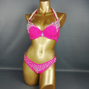 Women's Hot Pink Crystal & Pearl Embellished Halter Bikini Set, Competition Dancewear
