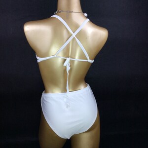 Rhinestone High-Waisted Bikini Set for Women, Iridescent Crystal Embellished, White, Two-Piece Rave Dancewear