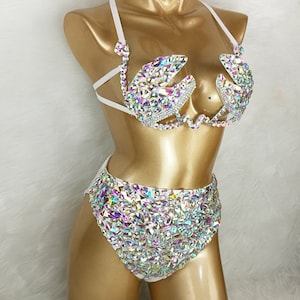 Rhinestone High-Waisted Bikini Set for Women, Iridescent Crystal Embellished, White, Two-Piece Rave Dancewear