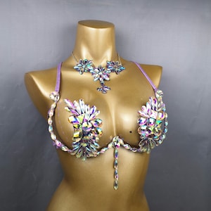 Crystal Flower Bra & Necklace Set - Women's Iridescent Embellished Belly Dance Costume