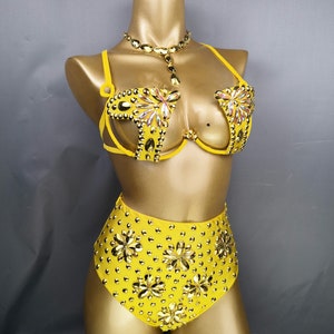 Women's Yellow Rhinestone Embellished High-Waist Bra and Shorts Set for Latin Dance