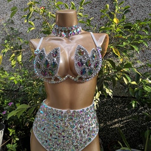 Women's Iridescent Crystal Embellished White Bra & High-Waisted Briefs Set, Latin Dancewear