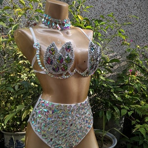 Women's Iridescent Crystal Embellished White Bra & High-Waisted Briefs Set, Latin Dancewear