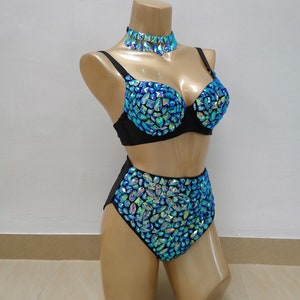 Dance Bra & High-Waisted Briefs Set Women's Blue & Teal Iridescent Rhinestone Embellished, Choker Included, Belly Dance/Carnival/Rave