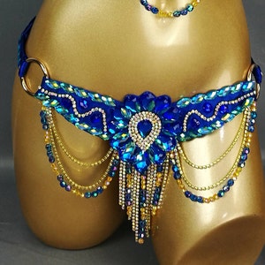 Belly Dance Hip Scarf, Women's Blue & Gold Beaded Crystal Rhinestone Tassel Belt, Tribal Fusion Dance Costume Accessory