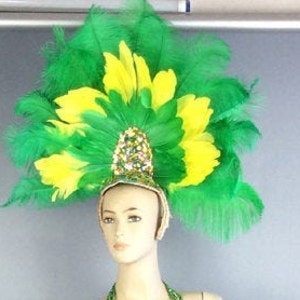Feather Headdress, Adult, Green/Yellow, Sequin Embellished, Carnival Dance