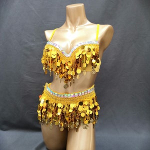 Belly Dance Costume Women's Yellow Sequin Bra Top and Hip Scarf Set with Gold Coins for Performance.