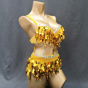 Belly Dance Costume Women's Yellow Sequin Bra Top and Hip Scarf Set with Gold Coins for Performance.