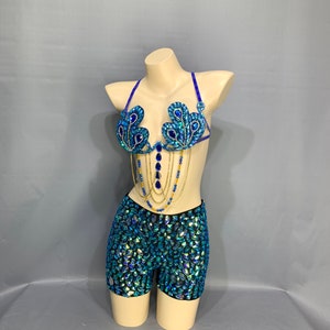 Dance Costume Women's Blue Sequin Peacock Feather Halter Bra Top and Teal Gemstone Shorts Set