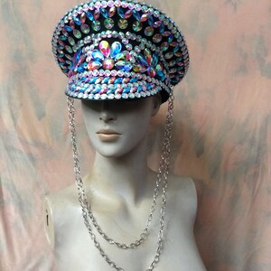 Dance Captain Hat, Adult Unisex, Iridescent Multi-Color Rhinestone Embellished, Black Visor with Chains
