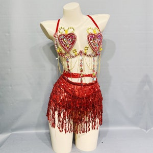 Dance Costume Women's Red Sequin Fringe Heart Rhinestone Halter Bra and Shorts Set