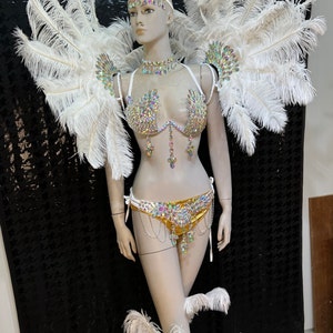 Women's White & Gold Rhinestone Feather Carnival Dance Costume