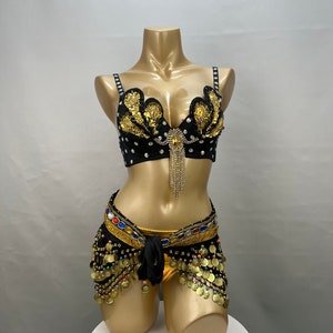 Women's Black & Gold Sequin Rhinestone Belly Dance Bra Top & Hip Scarf Set