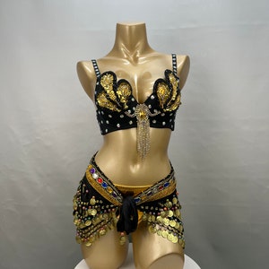 Women's Black & Gold Sequin Rhinestone Belly Dance Bra Top & Hip Scarf Set