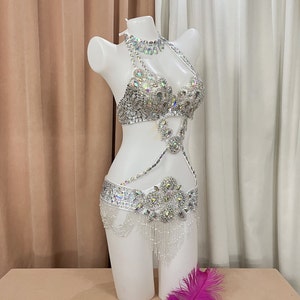Belly Dance Costume Women's White Sequin Rhinestone Beaded Halter Bra Top and Belt Set with Fringe