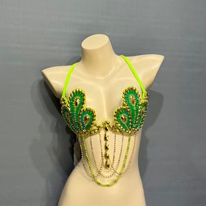 Dance Bra Top, Women's Green & Gold Sequin Beaded Halter, Carnival Samba Salsa Latin