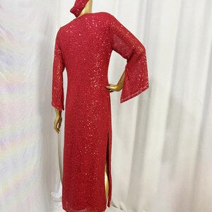 Women's Red Sequin Deep U-Neck Bell Sleeve Maxi Dress, Latin Dance