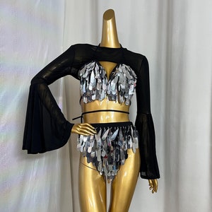 Dance Two-Piece Set, Women's Black & Silver Sequin Mesh Long Sleeve Crop Top & High Waist Bottom, Rave Dancewear