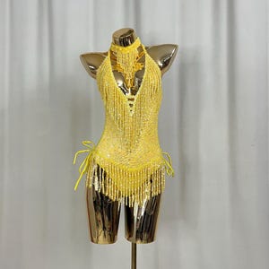Women's Yellow Sequin Beaded Fringe Halterneck Latin Dance Dress