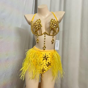 Women's Yellow Rhinestone & Feather Embellished Latin Dance Costume Set