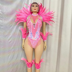 Dance Leotard Women's Pink Sequin Feather Embellished Bodysuit with High Neck and Arm/Leg Cuffs - Carnival/Rave/Burlesque Costume