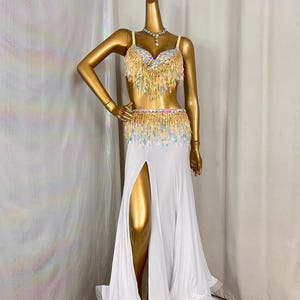 Women's White & Gold Sequin Fringe Slit Belly Dance Costume