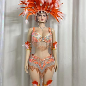 Women's Orange & White Feathered Sequin Fringe Latin Dancewear Set