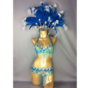 Carnival Samba Belly Dance Costume Set, Women's Blue Sequin Beaded Feather Headdress Bra Belt Skirt, Brazilian Showgirl Outfit