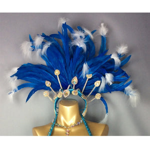 Carnival Samba Belly Dance Costume Set, Women's Blue Sequin Beaded Feather Headdress Bra Belt Skirt, Brazilian Showgirl Outfit