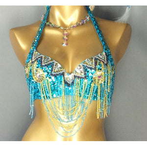 Carnival Samba Belly Dance Costume Set, Women's Blue Sequin Beaded Feather Headdress Bra Belt Skirt, Brazilian Showgirl Outfit