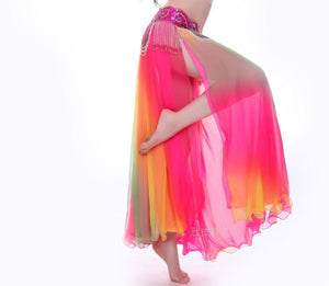 Belly Dance Skirt Women's Rainbow Ombre Chiffon Flowy Slit Skirt with Beaded Hip Scarf for Performance