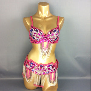 Belly Dance Costume Women's Hot Pink Sequin & Bead Embellished Bra & Belt Set with Dangling Chains, Professional Performance Wear
