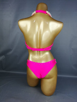 Women's Hot Pink Crystal & Pearl Embellished Halter Bikini Set, Competition Dancewear
