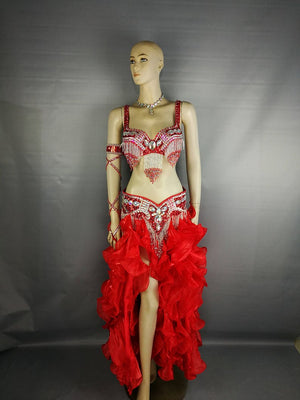 Women's Red Sequin Beaded Ruffled Chiffon Belly Dance Costume