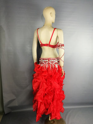 Women's Red Sequin Beaded Ruffled Chiffon Belly Dance Costume