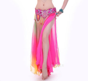Belly Dance Skirt Women's Rainbow Ombre Chiffon Flowy Slit Skirt with Beaded Hip Scarf for Performance