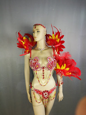 Carnival Samba Belly Dance Costume, Women's Red & Gold Sequin Feathered Bra, Belt, & Armband Set, Brazilian Showgirl Outfit