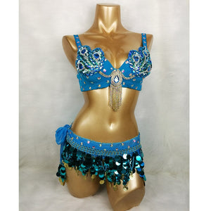 Belly Dance Costume Women's Teal Blue Sequin & Jewel Embellished Bra and Hip Scarf Set